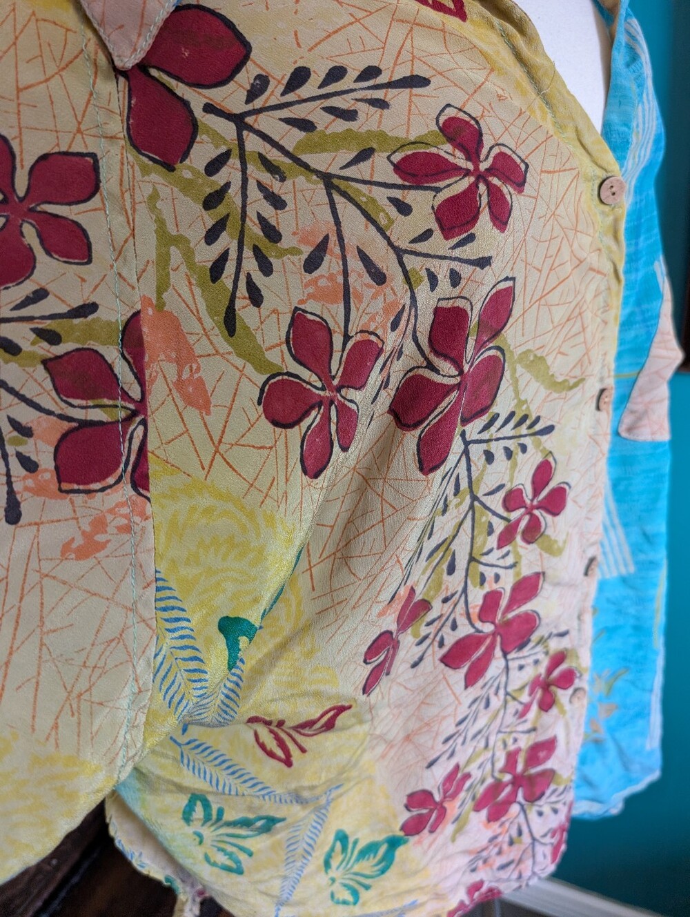 Kantha Bae Oversize Silk Button Down Shirt Boho Hippie Free Size - Picture 3 of 6